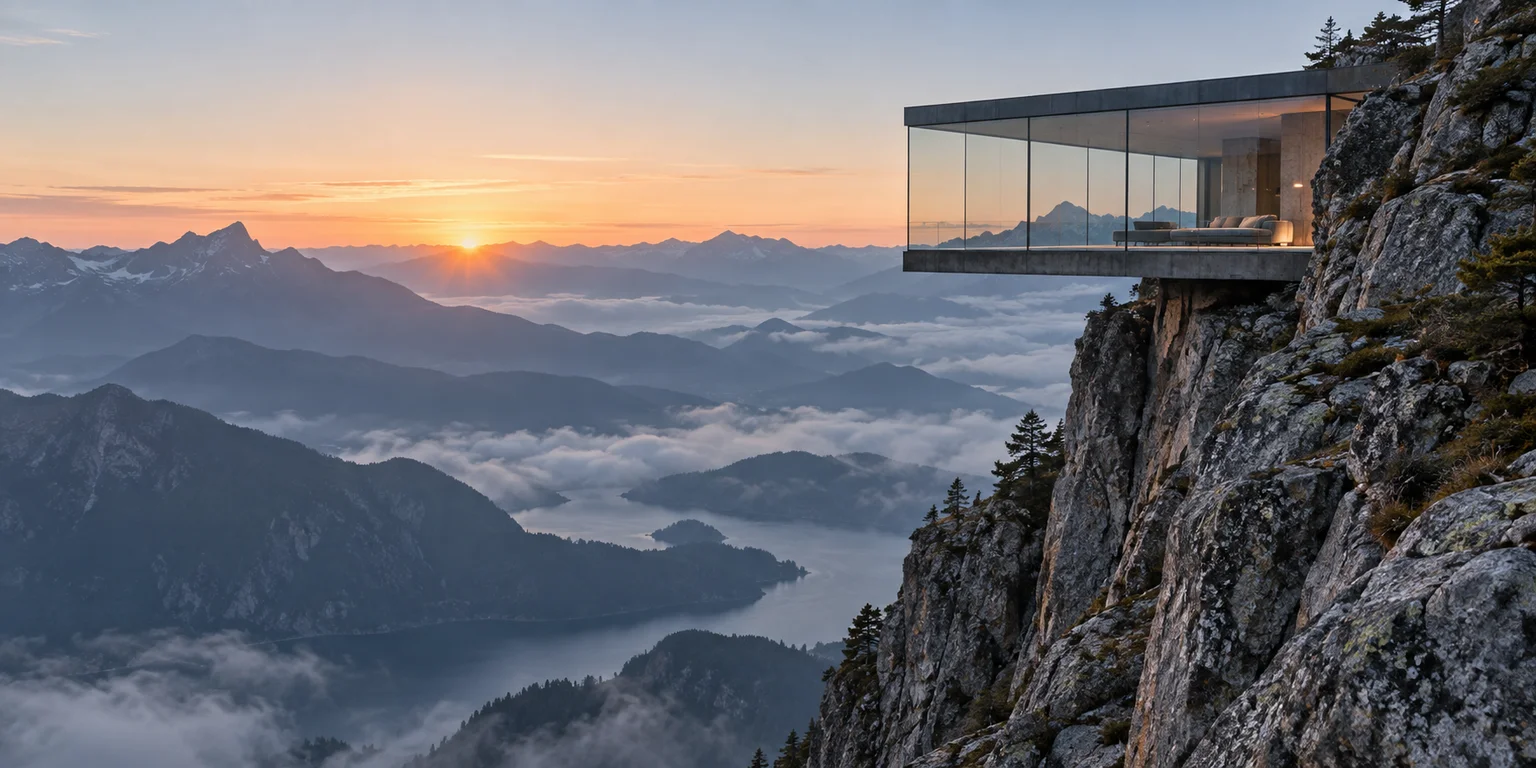 Moderní architektura na skalním útesu nad horskou krajinou
