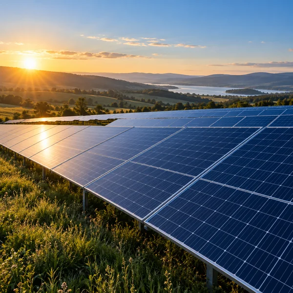 Fotovoltaické panely v krajině při východu slunce
